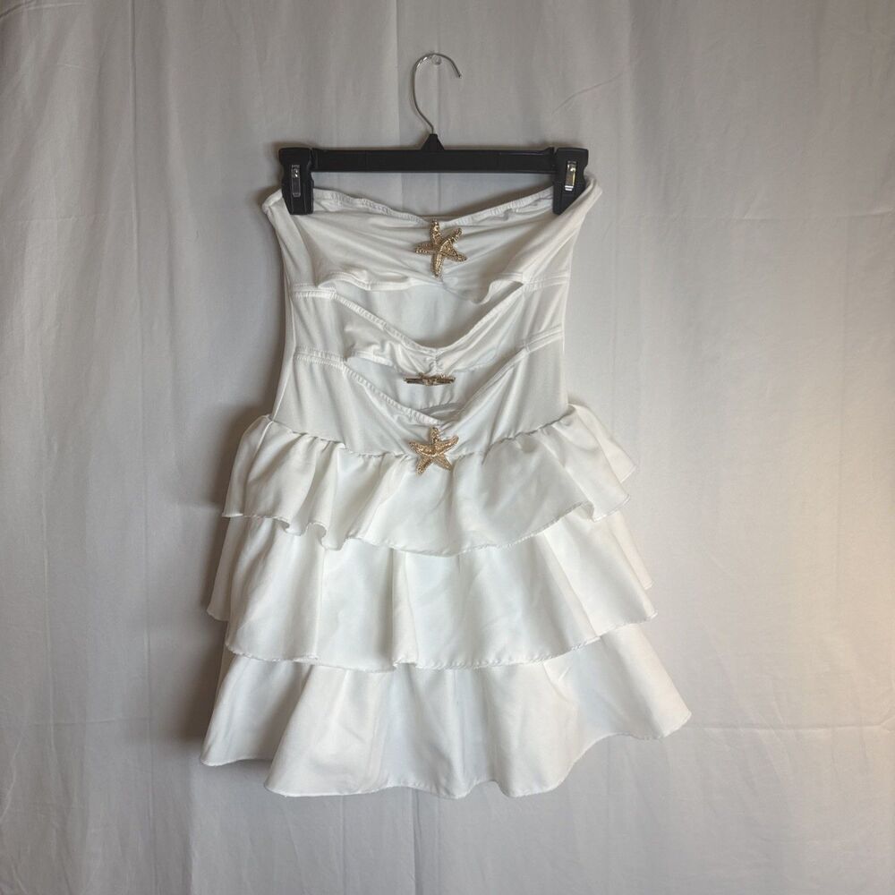 SHEIN White Strapless Ruffle Dress With Starfish Accent Size Medium Preowned